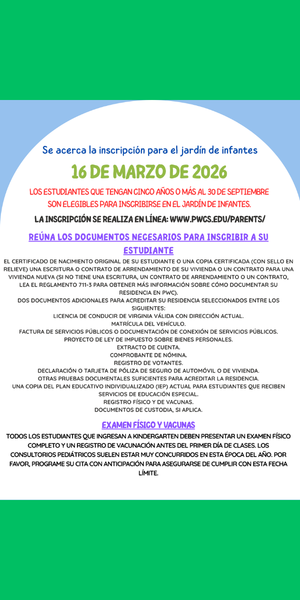 Kindergarten Registration 2026-2027 (Spanish)